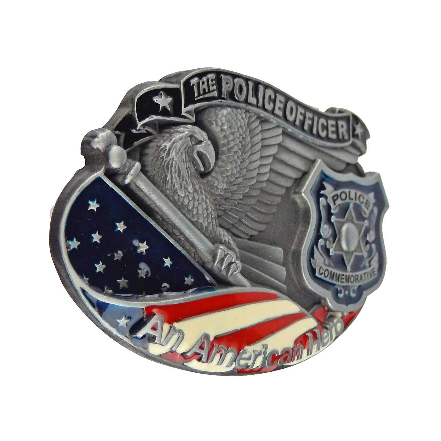 Police Officer Hero Belt Buckle Silver Tone Fits 1.5" Belts Enamel U.S. Flag