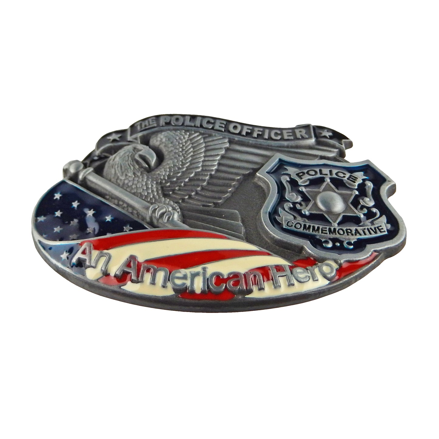 Police Officer Hero Belt Buckle Silver Tone Fits 1.5" Belts Enamel U.S. Flag