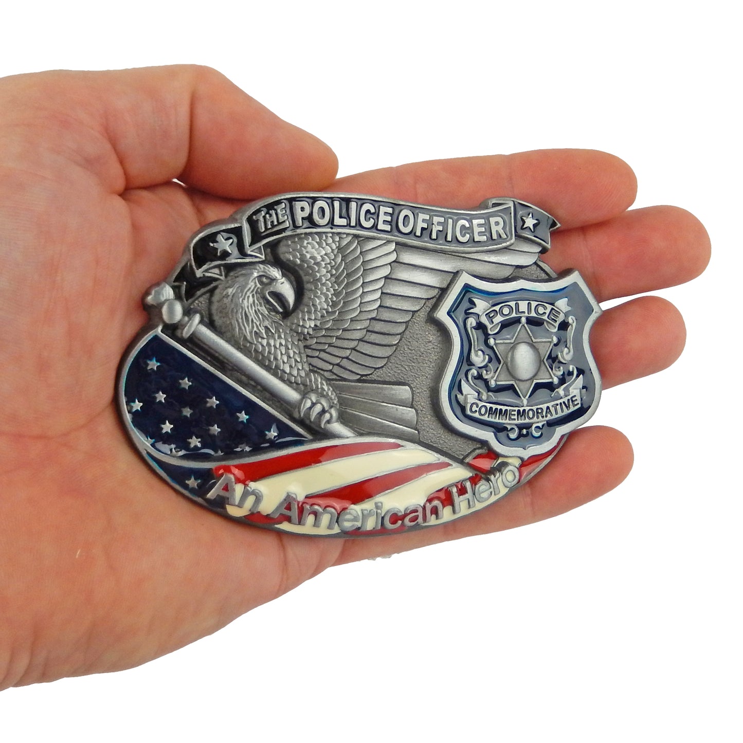 Police Officer Hero Belt Buckle Silver Tone Fits 1.5" Belts Enamel U.S. Flag