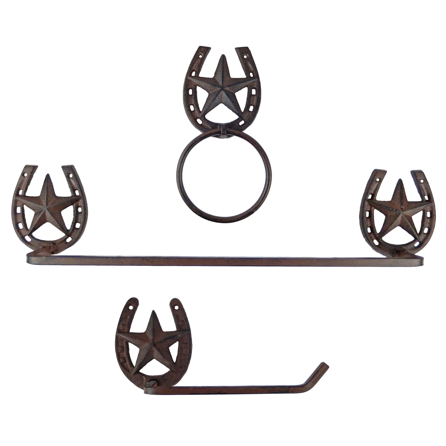 Metal Horseshoe Star 3 Piece Bathroom Set Towel Bar, Ring, Toilet Paper Holder