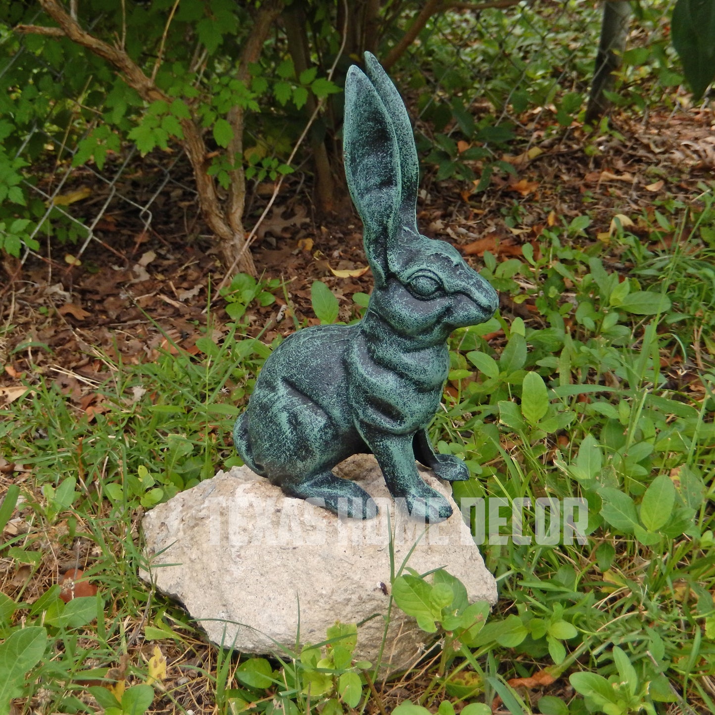 Large Rabbit Figurine Garden Statue Heavy Duty Cast Iron Verdigris Green 10.5"