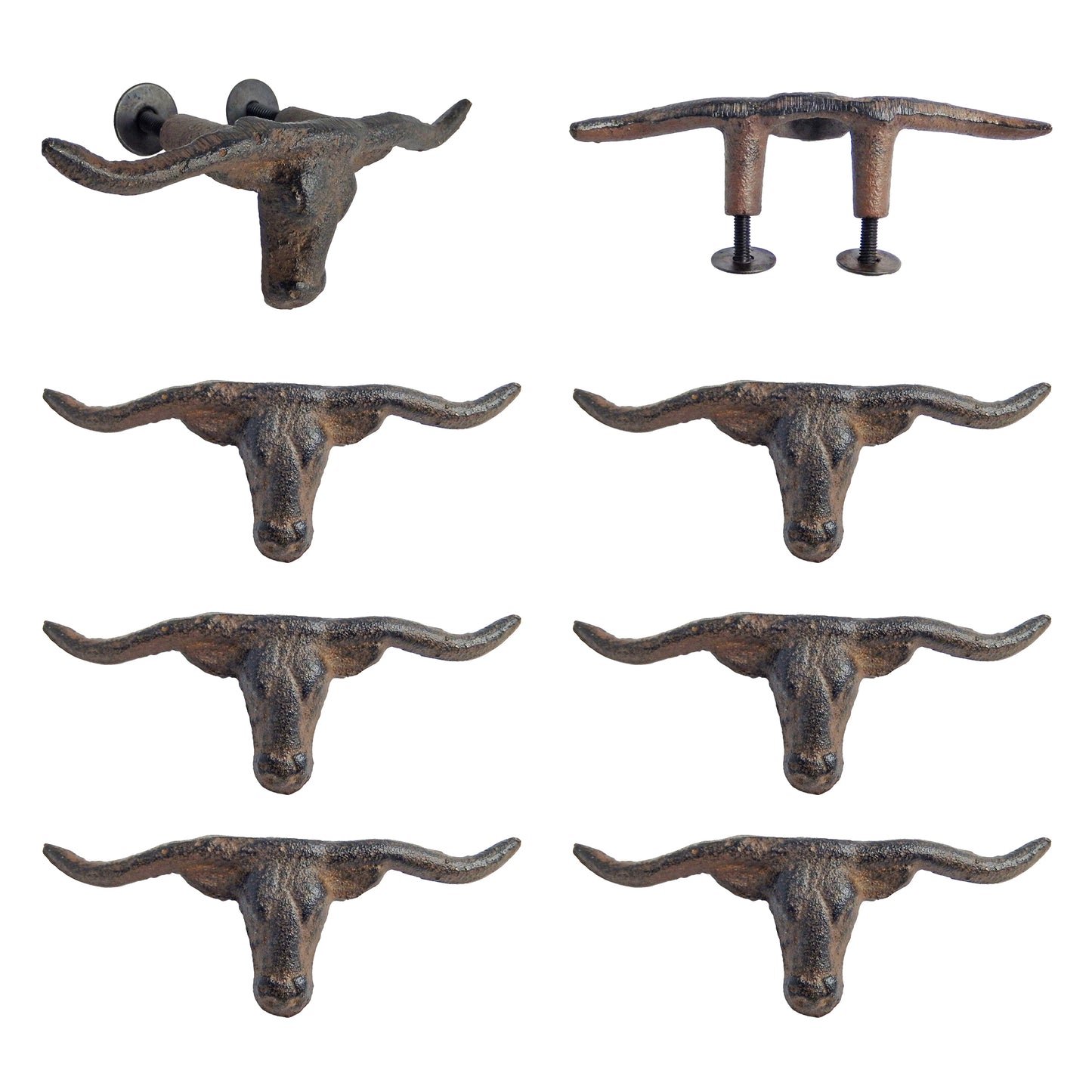 Rustic Cast Iron Longhorn Steer Drawer Pull Handle Knob Brown 4.75" (Pack of 6)