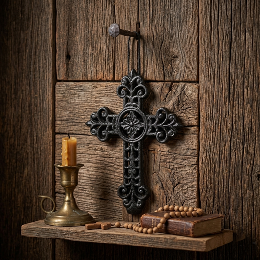 Small Cast Iron Fleur De Lis Vines Wall Cross Hanging Rope Glossy Black 5 1/2 in