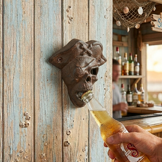 Pirate Skull Beer Bottle Opener Wall Mounted Rustic Brown Cast Iron Nautical Bar