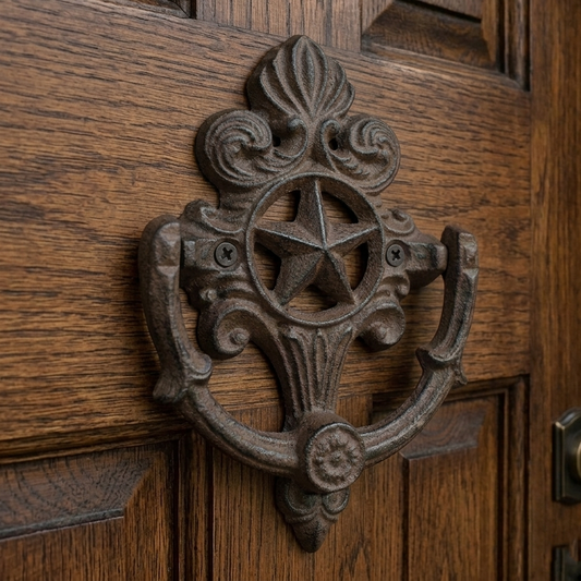 Cast Iron Fleur De Lis Star Door Knocker Scrolls Accent Rustic Victorian Style