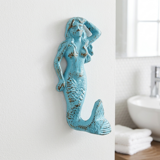 Cast Iron Mermaid Tail Wall Hook Towel Coat Hanger Rustic Blue Nautical Decor