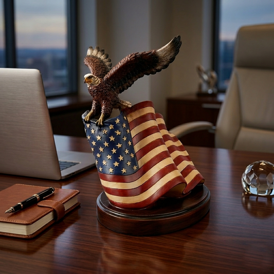 Bald Eagle American Flag Figurine Statue Patriotic Decor Hand Painted Polyresin
