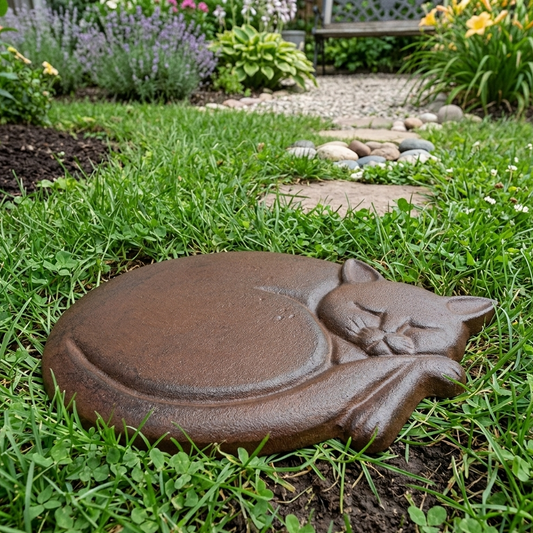 Cast Iron Cat Stepping Stone Garden Yard Flower Bed Decor Rustic Brown 11 inch