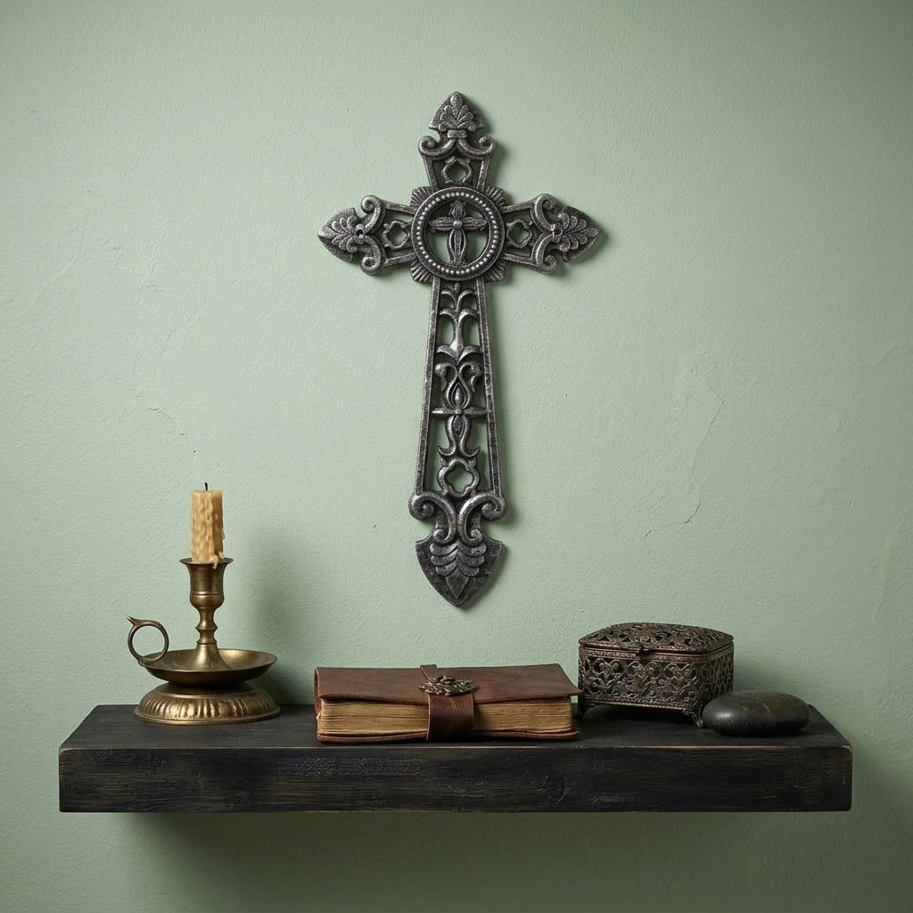 Large Cast Iron Wall Cross Fleur De Lis Gothic Scrollwork Accents Antique Silver