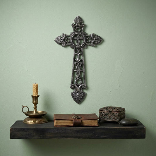 Large Cast Iron Wall Cross Fleur De Lis Gothic Scrollwork Accents Antique Silver