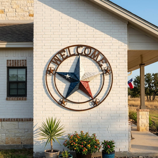 Metal Welcome Texas Flag Barn Star Wall Decor License Plate Look Rustic 24 inch