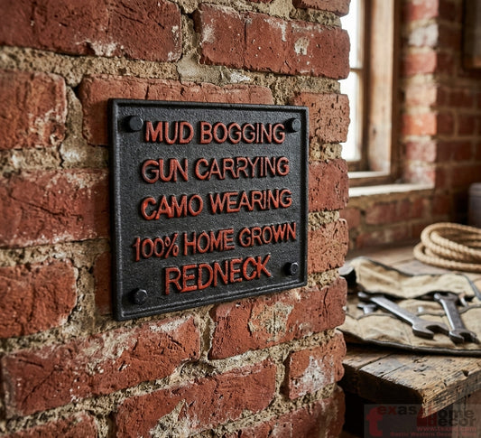 Cast Iron Humorous 100% Home Grown Redneck Wall Decor Sign Gun Carrying 6.75"
