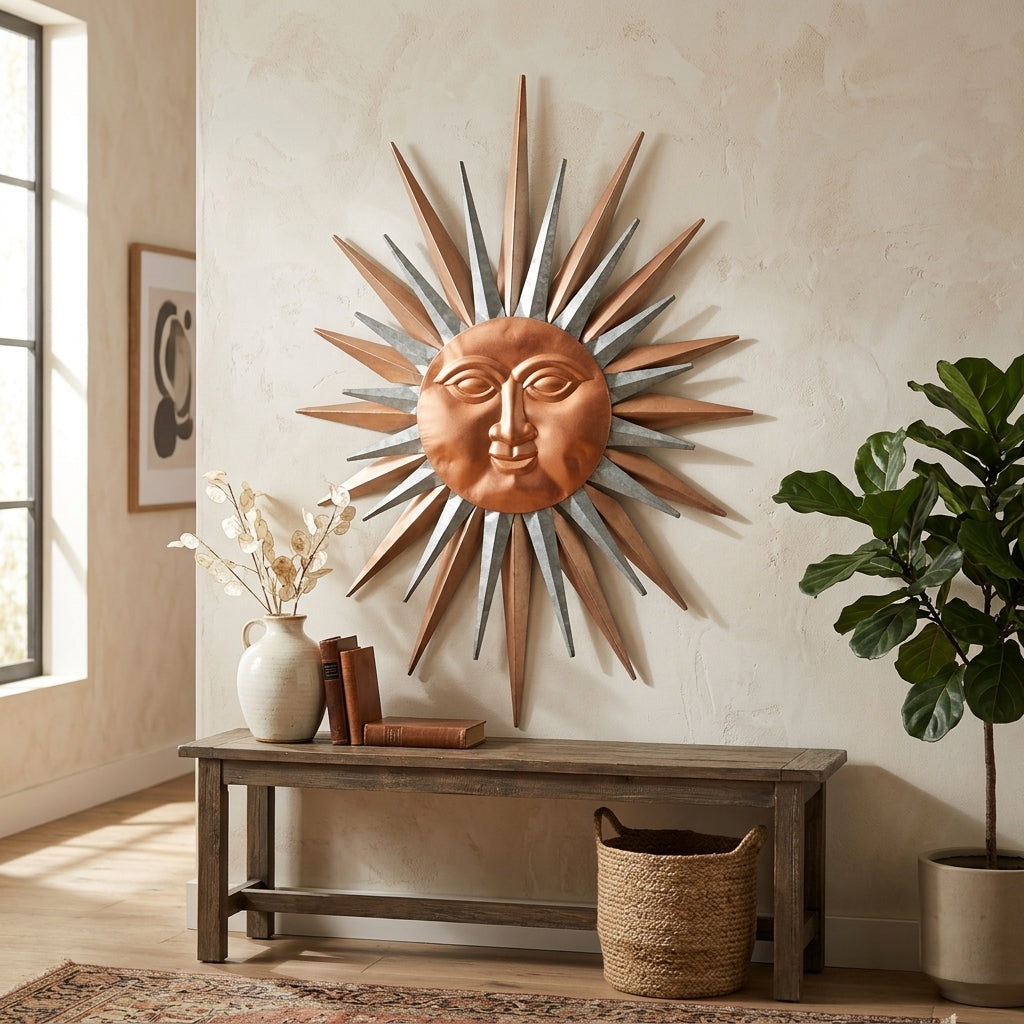 Large Garden Metal Sun Face Wall Decor Metallic Silver and Copper Rays 32" x 22"