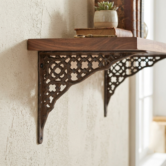 2 Cast Iron Lattice Shelf Brackets Rustic Brown Antique Style 8 1/4 x 6 1/2 inch