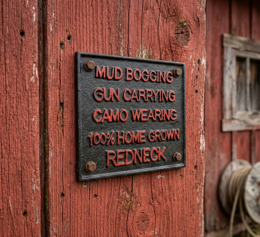 Cast Iron Humorous 100% Home Grown Redneck Wall Decor Sign Gun Carrying 6.75"