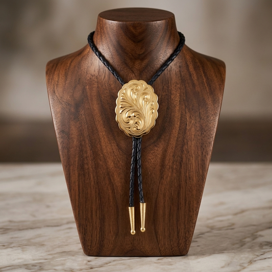 Yellow Gold Plated Etched Floral Oval Bolo Tie 36 inch Black Cord Made in USA