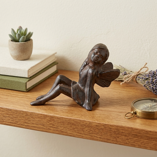 Cast Iron Fairy Figurine Shelf Sitter Garden Decor Rustic Brown Antique Style