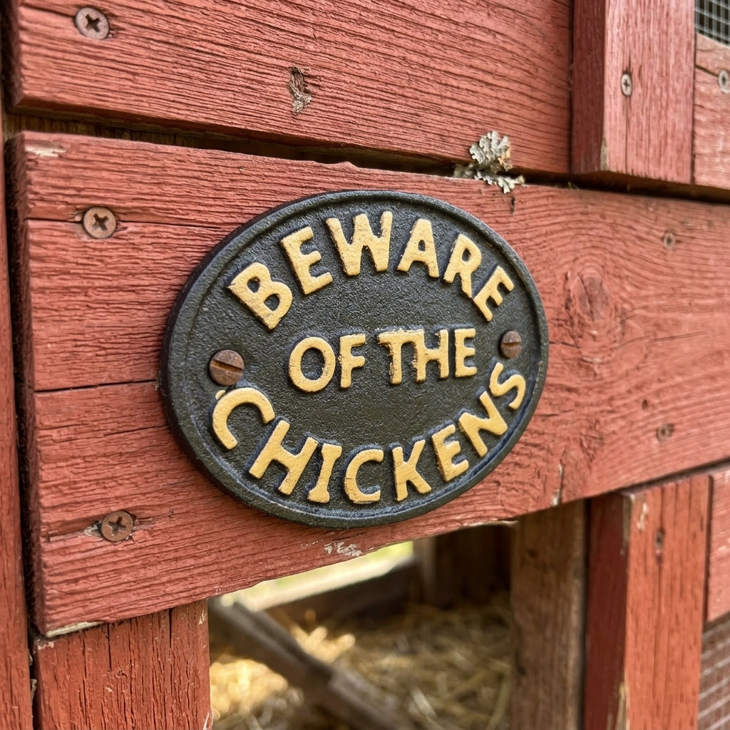 Beware of The Chickens Cast Iron Plaque Sign Wall Mounted Black & Gold 4 3/4 in