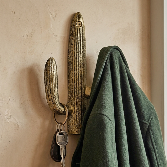 Cast Iron Cactus Double Wall Hook Rustic Gold Southwest Coat Towel Purse Hanger