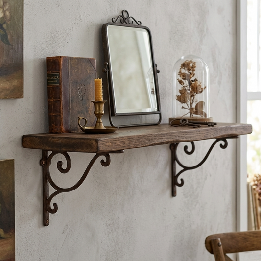 2 Cast Iron Scrolls Shelf Brackets Rustic Brown Patina Finish 9 1/4 x 7 inches