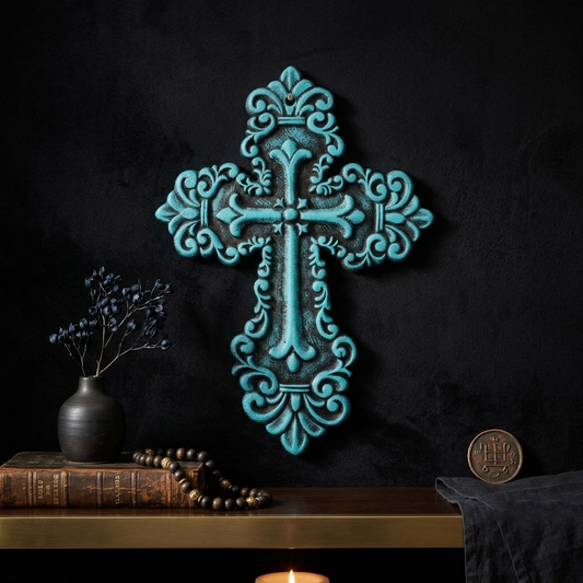 Rustic Turquoise Cast Iron Wall Cross Fleur De Lis Layered Floral Design 11 inch
