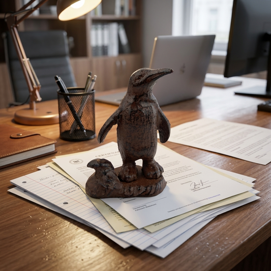 Small Penguin Figurine Statue Cast Iron Antique Style Paperweight Rustic Finish