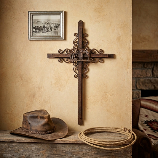 Praying Cowboy with Horse Wall Cross Metal Layered Scrolls Rustic Copper 15.5 in