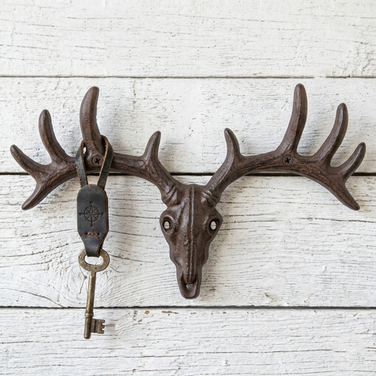 Deer Skull Antler Key Rack Cast Iron Hook Coat Towel Hanger Wall Mounted