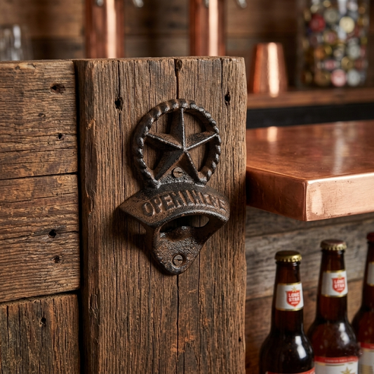 Cast Iron Western Star Rope Open Here Beer Bottle Opener Wall Mounted Rustic