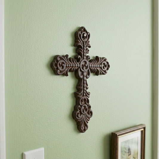 Small Cast Iron Wall Cross Floral Fleur De Lis Accents Antique Style 7 x 5 inch