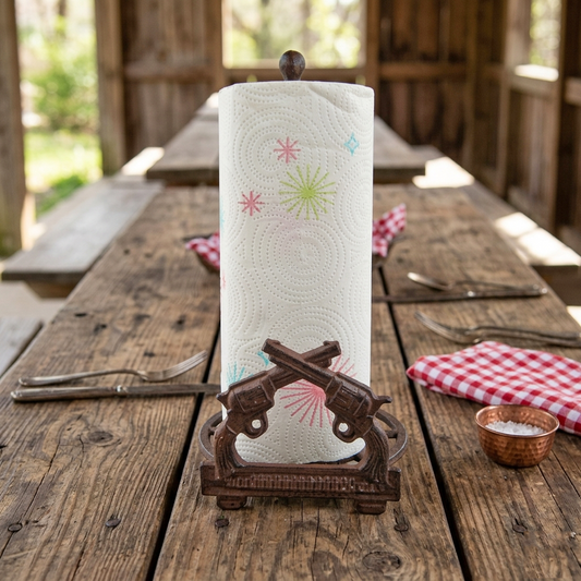 Western Crossed Pistols Stars Paper Towel Holder Cast Iron Rustic Brown Finish