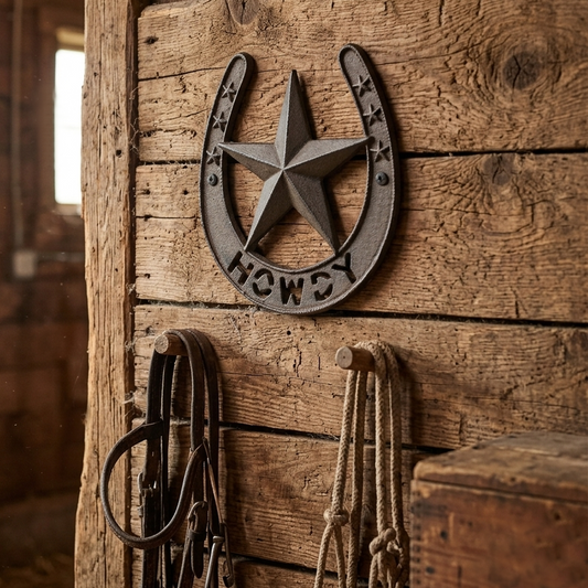 Large Cast Iron Howdy Texas Lucky Horseshoe Star Wall Decor Rustic Brown 8 in