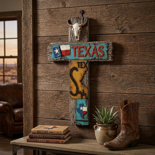 Texas Symbols Wall Cross License Plate TX Flag Map Collage Weathered Wood Look