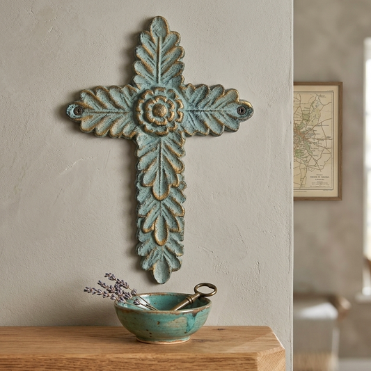 Flower Wall Cross Leaves Cast Iron Gold Green Patina Wall Mounted 8"