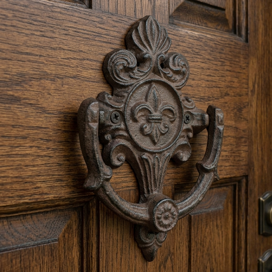 Cast Iron Fleur De Lis Door Knocker Scrolls Accent Rustic Victorian Style Brown