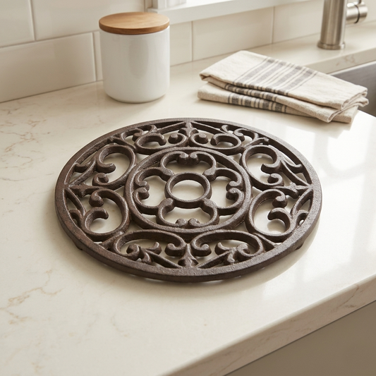 Cast Iron Trivet Fleur De Lis Scrolls Countertop Hot Pot Plate Holder 7.5 inch