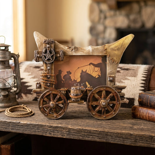 Western Covered Wagon Photo Frame 4x6 Rustic Cross Cowboy Star Horseshoe Barrell