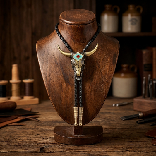 Brass Western Longhorn Skull Bolo Tie Turquoise Enamel 36 inch Cord Made in USA