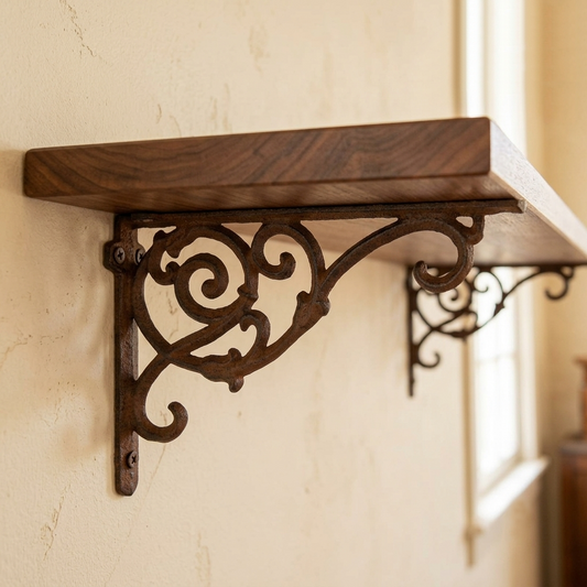 2 Vines Scrolls Shelf Brackets Cast Iron Corner Brace Antique Rustic Finish 9.5"