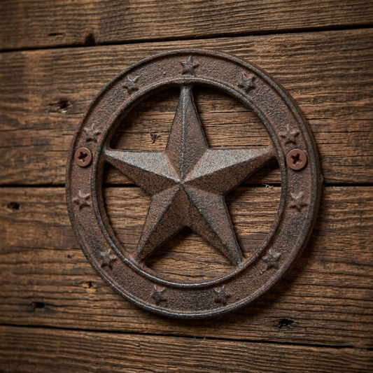 Cast Iron Texas Star With Ring Western Barn Decor Rustic Antique Style 6 1/4 inch