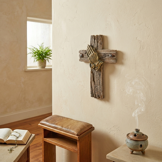 Praying Hands Wall Cross Faux Wood Look Hand Painted Polyresin Religious Decor