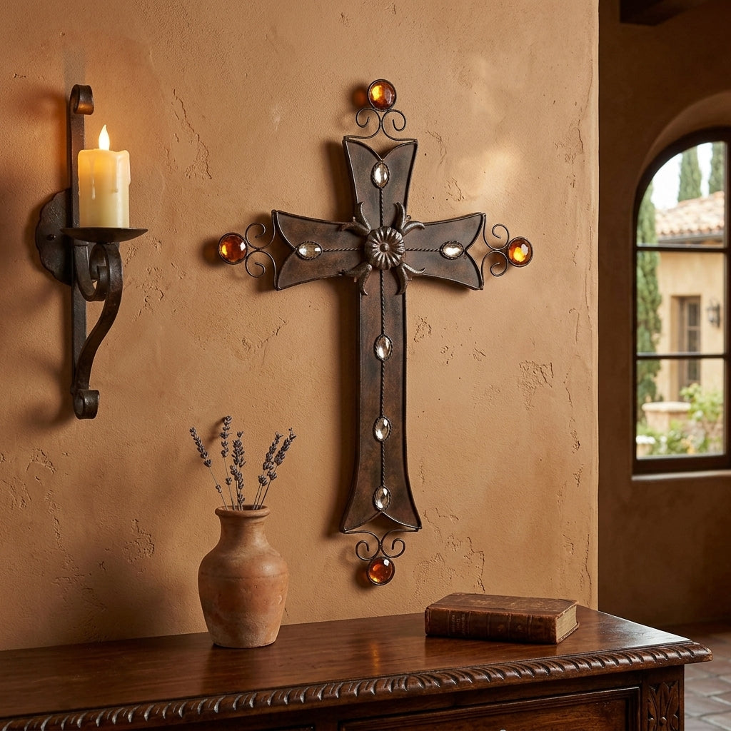 Large Metal Wall Cross Jewels Rust Brown Old World Tuscan Antique Style 28.5 in