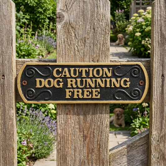 Caution Dog Running Free Cast Iron Plaque Sign Embossed Letters Black Gold
