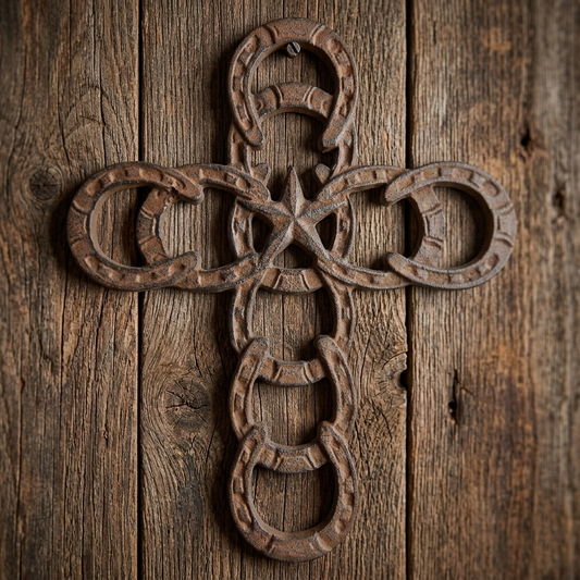 Rustic Cast Iron Horseshoes Star Wall Cross Country Western Antique Style 11 in