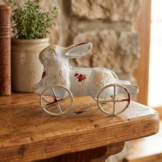 Cast Iron Bunny Rabbit Pull Toy On Wheels Decorative Figurine Antique White
