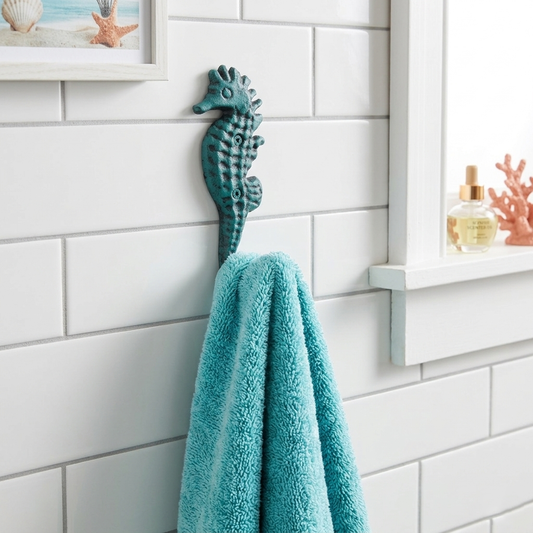 Cast Iron Seahorse Wall Hook Nautical Coat Towel Key Hanger Blue Teal