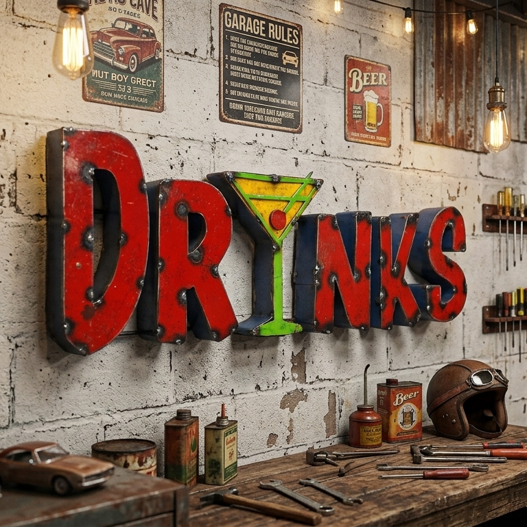 DRINKS Martini Glass Recycled Metal Sign Colorful Bar Cantina Wall Decor 18 in
