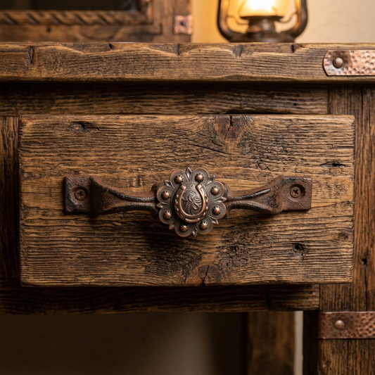Rustic Cast Iron Horseshoe Door Handle Drawer Pull Floral Copper Concho 6 inch