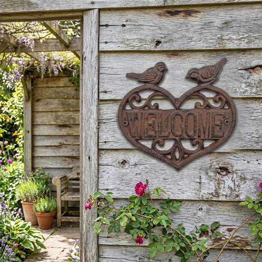 Birds Heart Welcome Sign Cast Iron Plaque Fleur De Lis Scrolls Antique Style