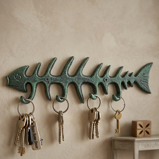 Fish Bone Key Rack Cast Iron Skeleton Hook Coat Towel Hanger Turquoise Finish